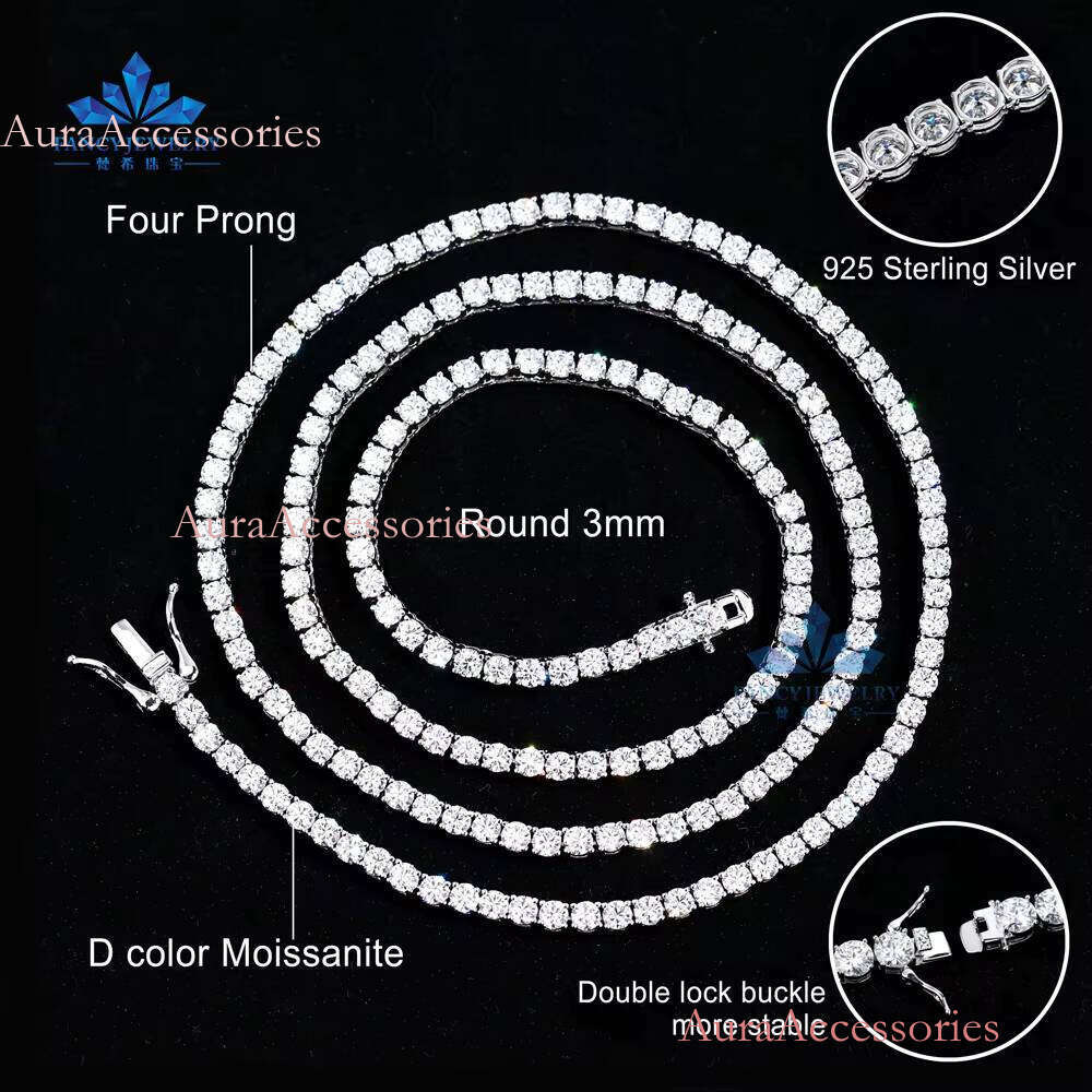 Hip Hop Style Men's Iced Tennis Chain 3mm 4mm 5mm S Sier VVS Moissanite Dia Choker Necklace