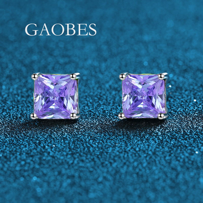 S925 Sterling Silver Minimalist Four-Prong Square Earrings with Green, Blue, Purple, and Pink Gemstones, Elegant and Small Luxury Studs