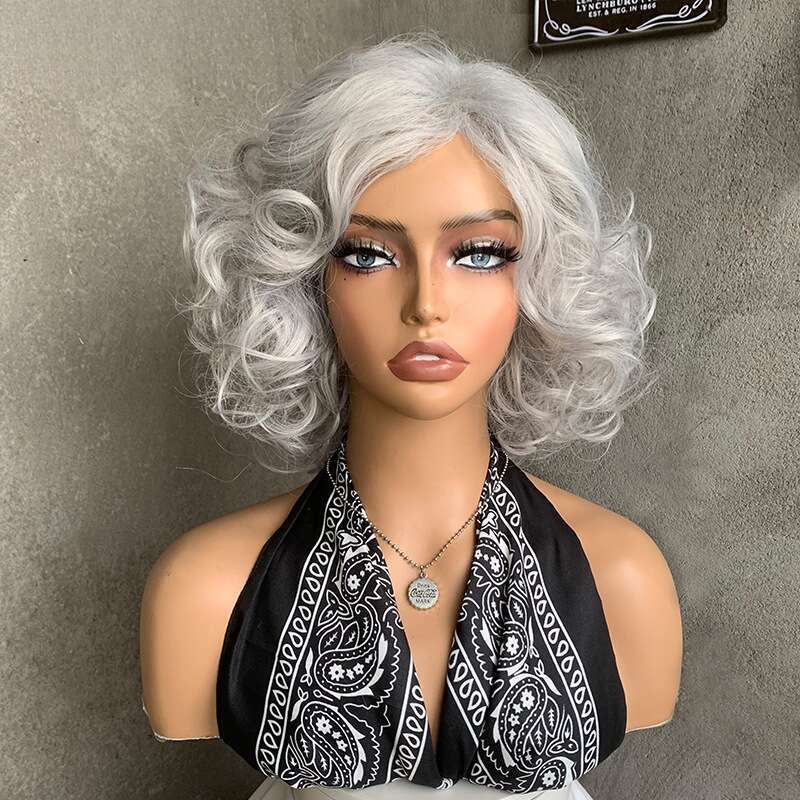 Women's wig New Short Curly Natural Fluffy Sier Mom Hair Fashion Granny Gray Wig Cap