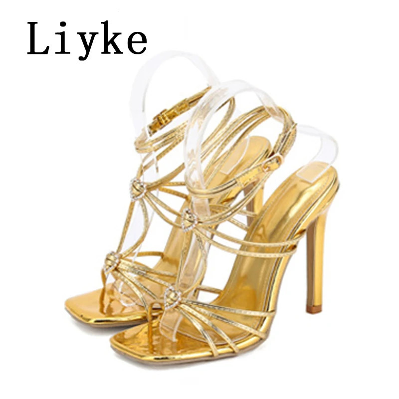 Liyke Summer Blue Denim Sandals Women Elegant Square Toe Party Wedding High Heels Crystal Buckle Narrow Band Female Dress Shoes 250526