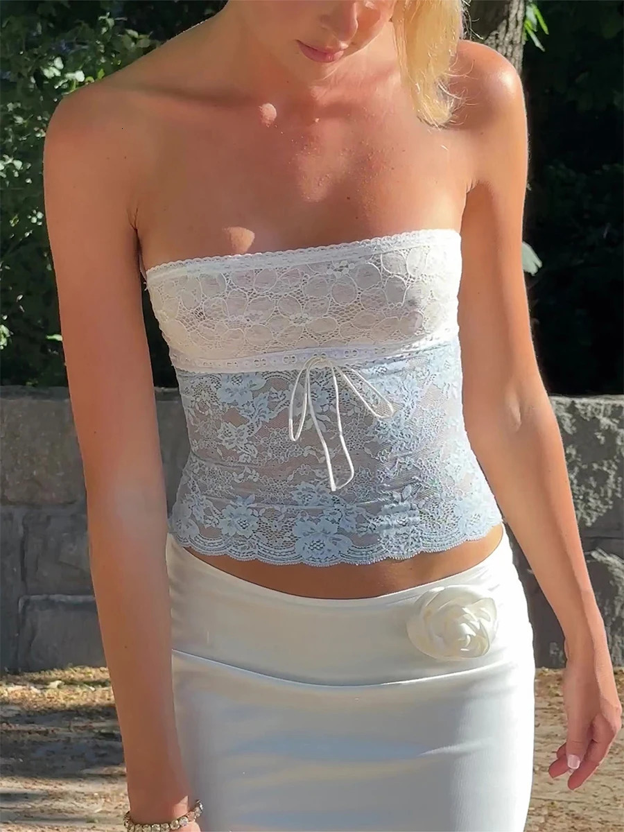 Women s Lace Tube Tops Fit Off Shoulder Backless Sleeveless See Through Lace Flower Crop Tops Shirts for Summer 250523