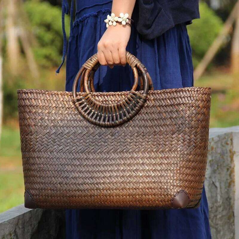 Straw Rattan Wooden Handle Retro Woven Bucket Large Vacation Beach Bag