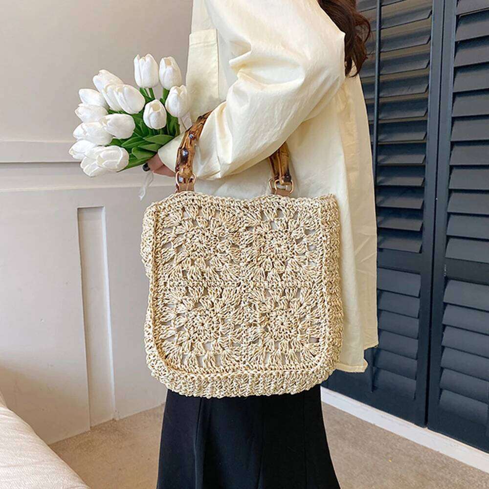 Hollow Crochet Beach Bags For Women Bamboo Handle Women's Handbags Paper Rope Knitting Clutch Bohemian Travel Tote Square Purse