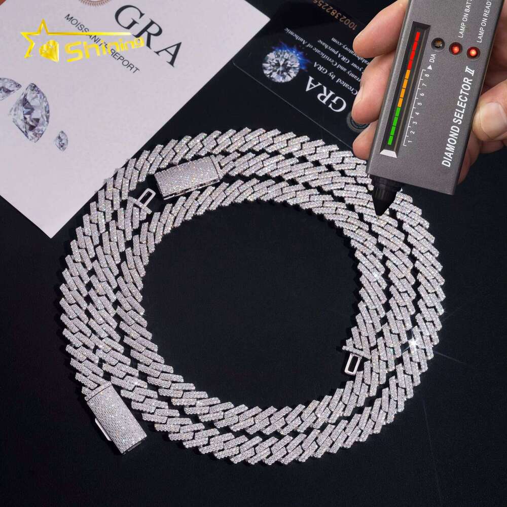 Men Iced Out Sier Fine Jewelry 12MM 2 Rows Moissanite Miami Cuban Chain Custom Hip Necklace