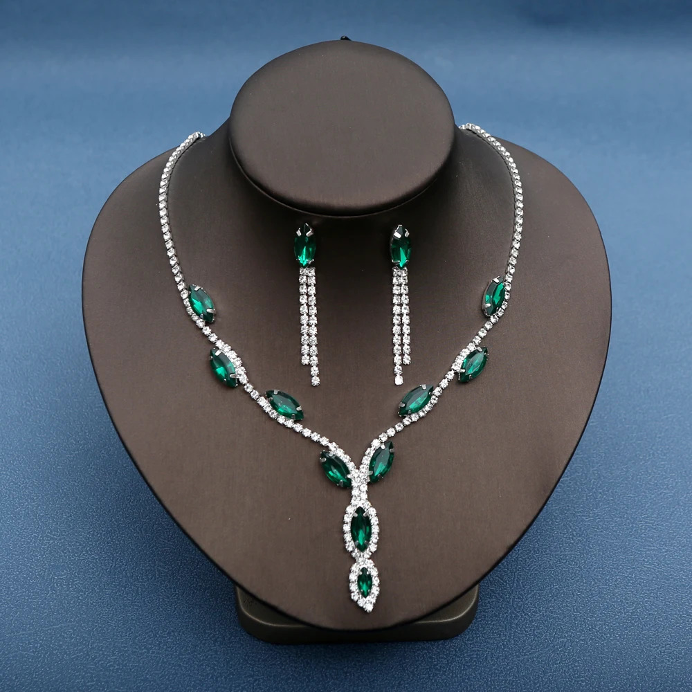 3pcs Elegant Green Crystal Jewelry Sets for Women Crystal Rhinestones Necklace Earrings Bridal Wedding Party Jewelry Sets 250526