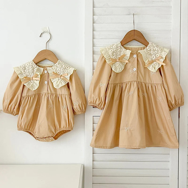 Family Sister Dress Embroidered Bow Outfits born Girls Bodysuits Cotton Lace Collar Infant Baby Jumpsuit Outfits 250528
