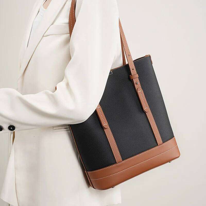Ladies' Casual Cowhide Genuine Leather Shoulder Female Commute Shopping Bucket Tote Bag Large Capacity Women Composite Bags