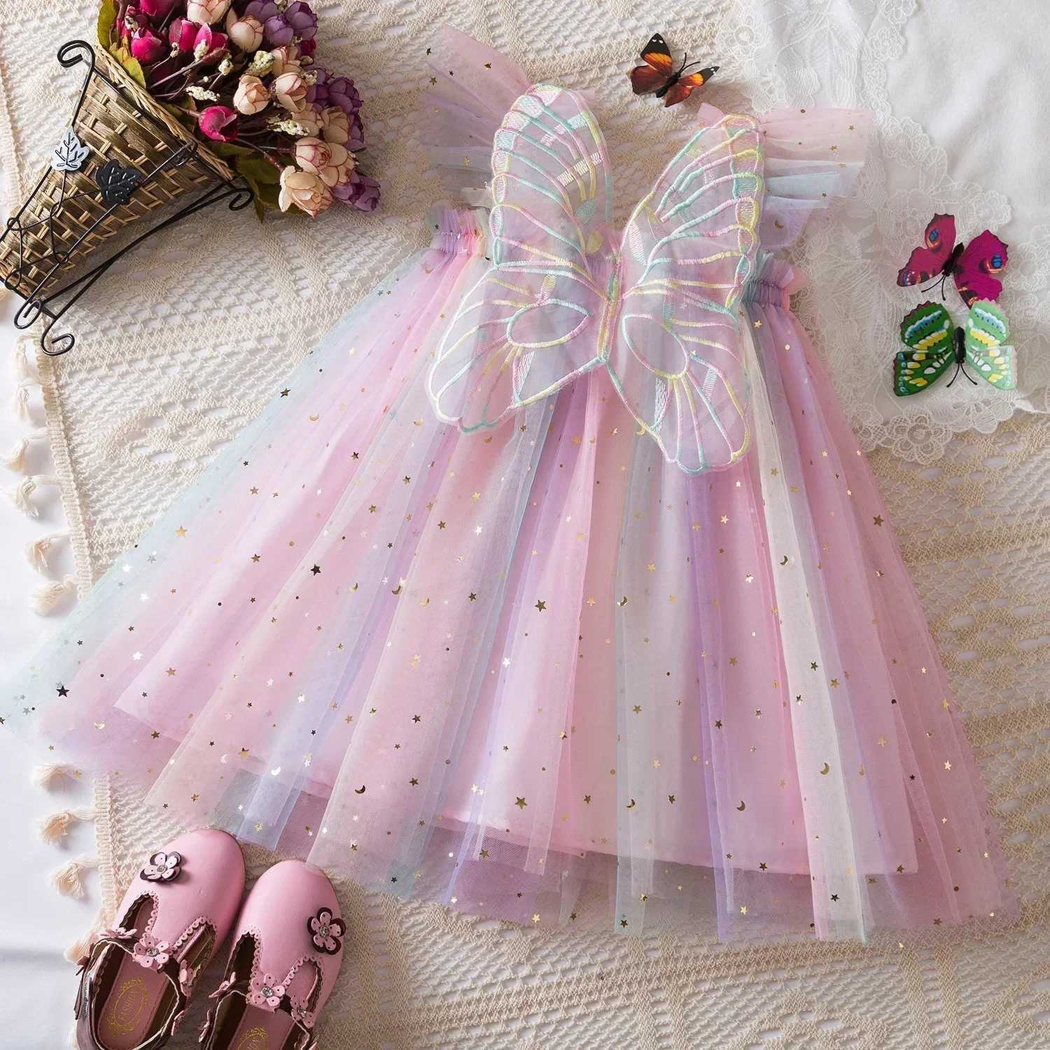 Baby Girls Rainbow Star Sequin Gradient Tulle Sling Dress 3D Butterfly Mesh Vestido Kids Birthday Christmas Party Princess Dress X250528