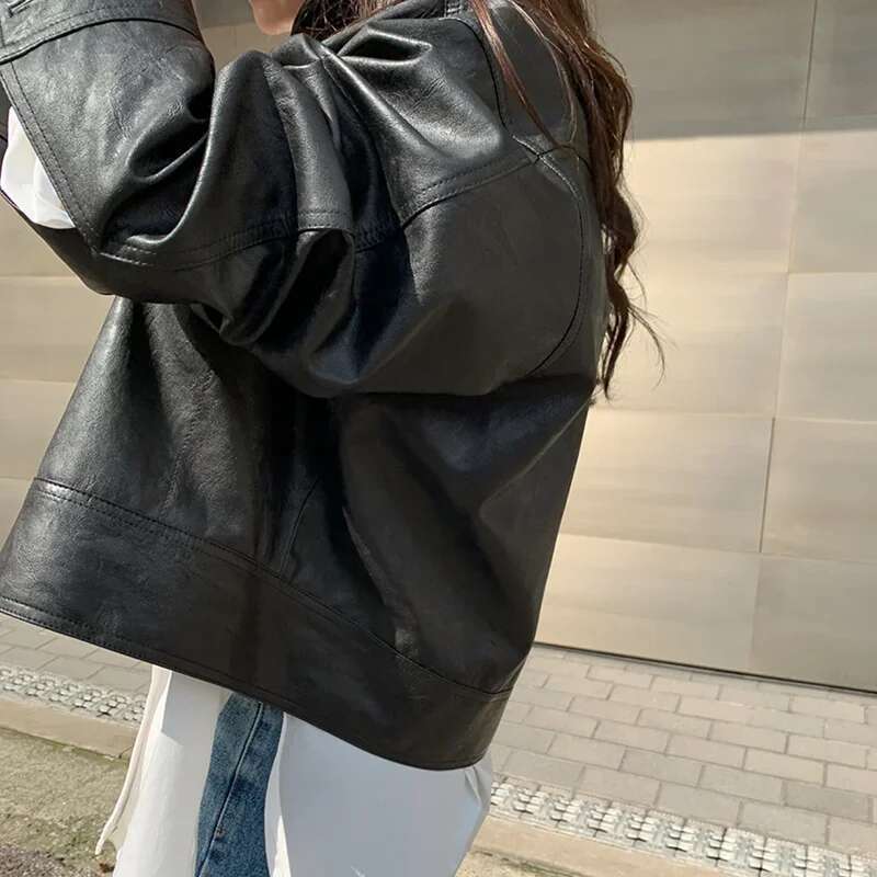 Korean Vintage Stand Collar Single Breasted Women Faux Leather Autumn Long Sleeve Casual Abrigo Mujer Short Biker Jacket