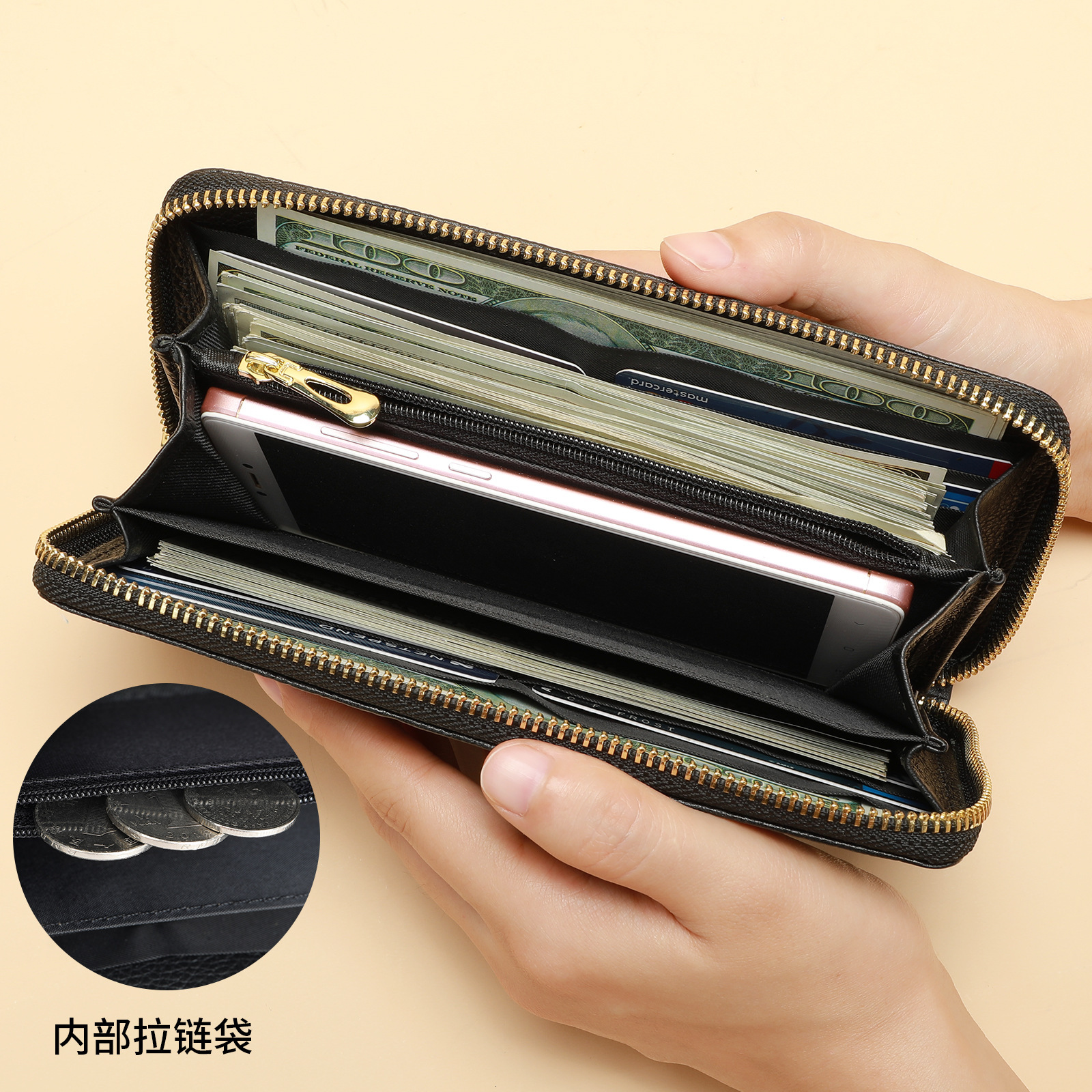 Free Shipping Designer Wallet Women's Leather Long Style Temperament Handbag Crocodile Pattern Head Layer Cowhide Phone Bag Zipper Card Bag Busin