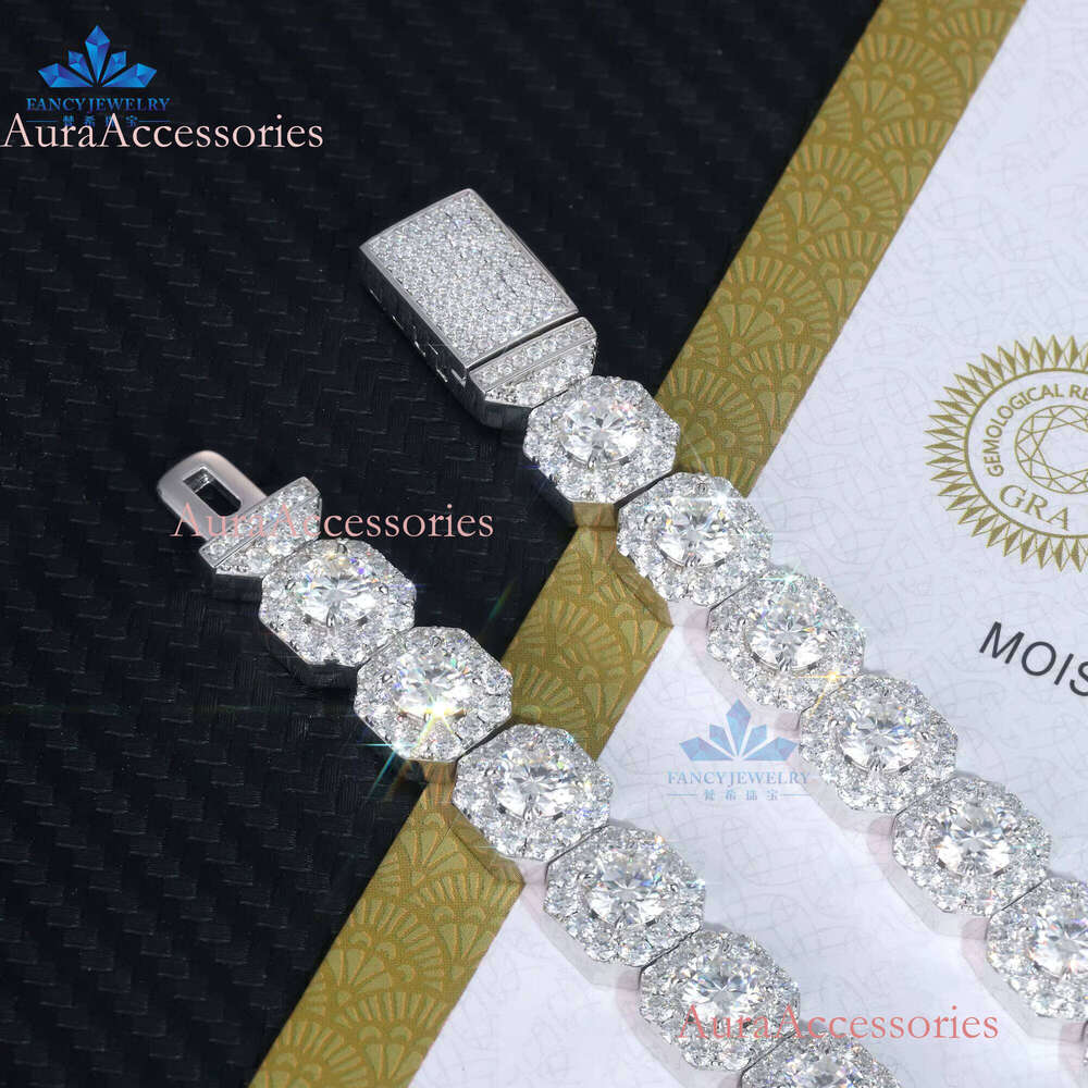 Fine Jewelry Men's 11mm Sterling Sier VVS Moissanite Dia Cluster Iced Tennis Chain Bracelet Parties Gifts Rhodium