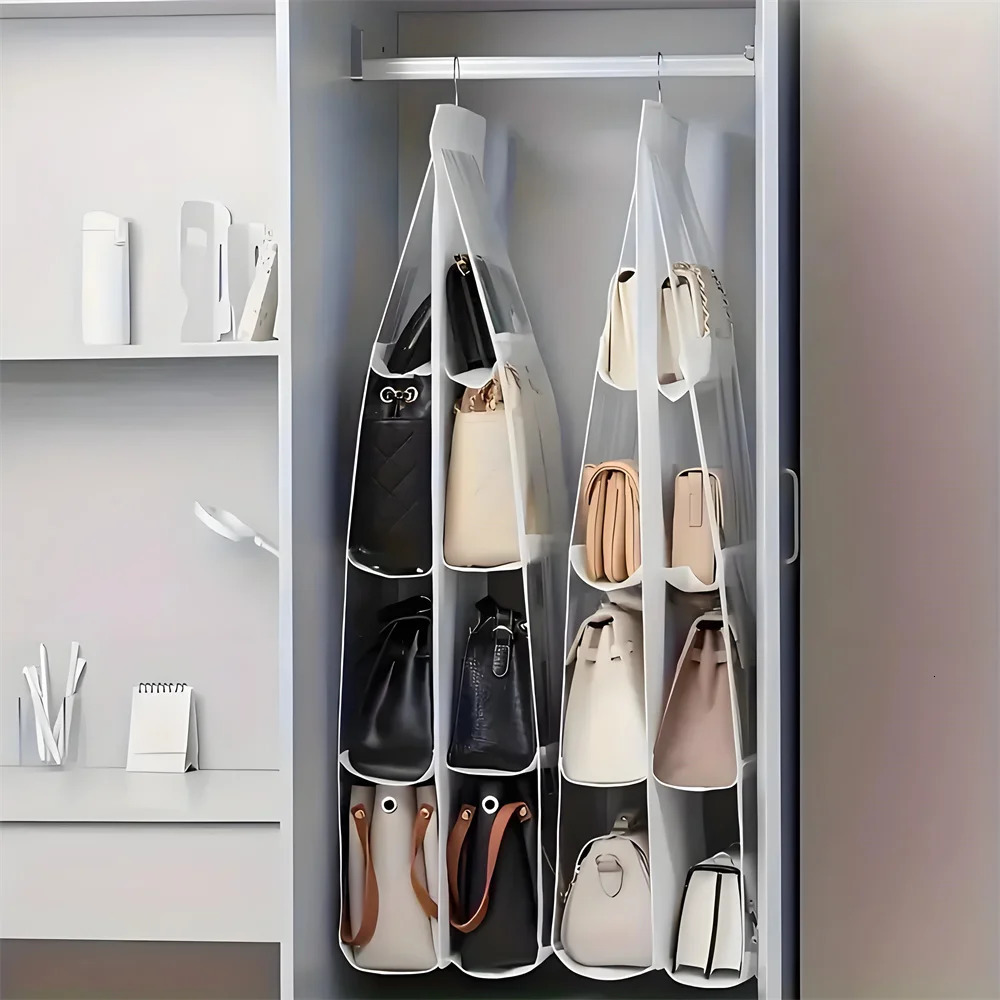 1pc 6/8 Grids Purse or Handbag Hanging Closet Organizers Clothes and Bra Transparent Hanger Storage On Wall Towel Locker Shelf 250526