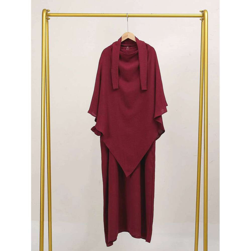 Middle Eastern Women's Two-Piece Set New Single Layer Headscarf Pleated Sleeves Long Robe Fashion Ice Silk Wrinkled