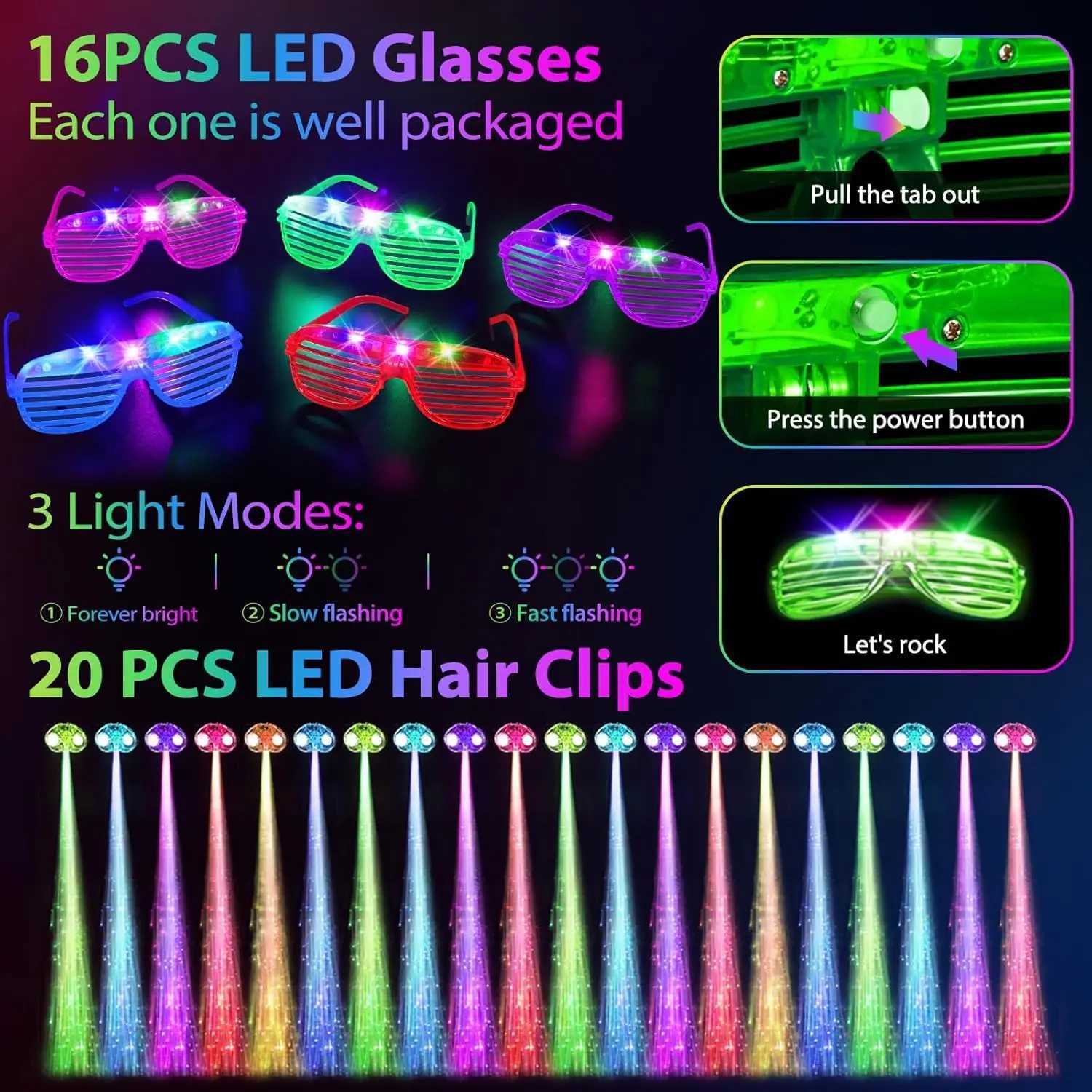 302 Pcs Party Supplies 20 LED Hair Clips 16 LED Glasses 16 Foam Sticks 10 Flower Crowns 40 Finger Lights 200 Glow Sticks W250528