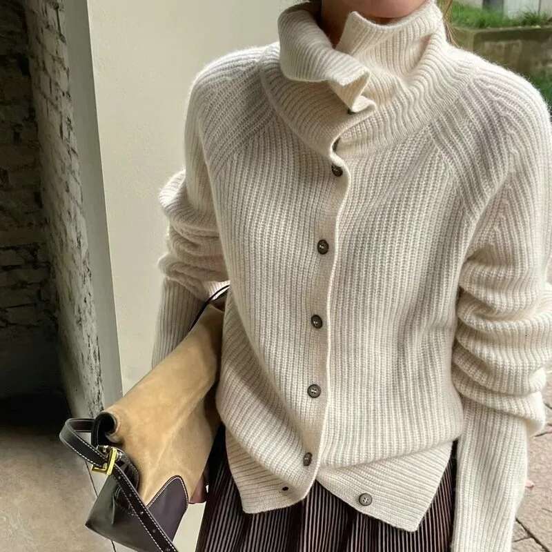 Turtleneck Cardigan Ladies 100% Pure Woolen Autumn And Winter Loose Thickened Cashmere Base Sweater Knitted Coat Tide