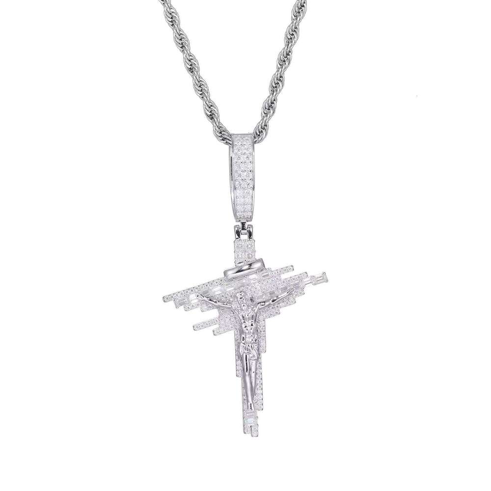 European American Hip-Hop S Sier Moissanite Cross Pendant Mixed Square Dia Trendy Accessory Necklace in Stock