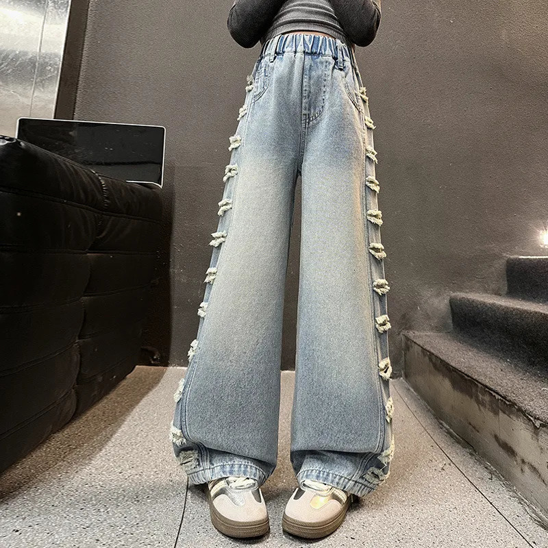 Girls American street side wear jeans versatile childrens ripped wideleg pants fashionable straight 515 year 250528