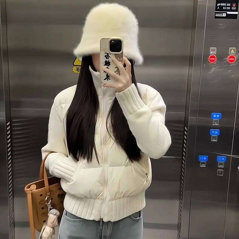 Padded Jacket Women Parkas Spliced Knitted Sleeves Outwear Stand-up Collar Slim Fit Outfits Thickened Coats Female Clothing
