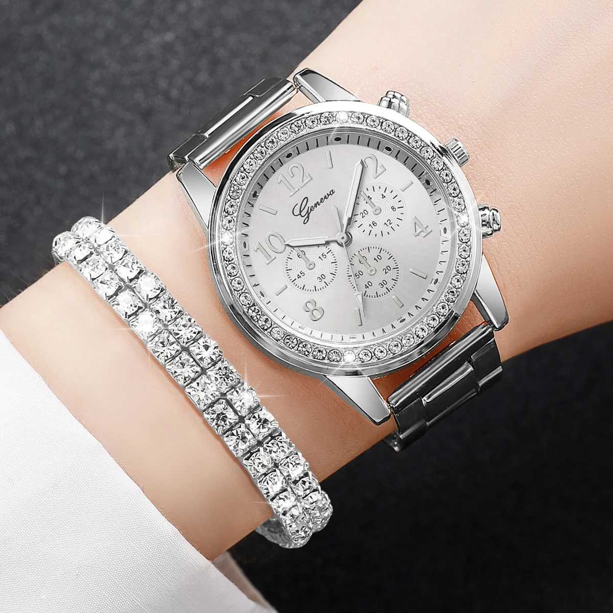 Fashion Women Stainless Steel Silver Color Quartz Watch with Diamond Bracelet XJ250527