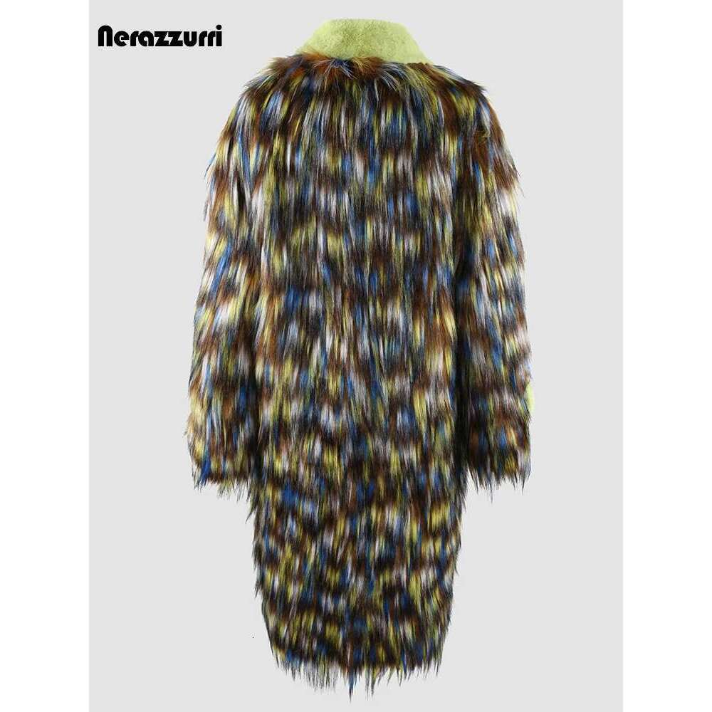 Nerazzurri Winter Long Thick Warm Colorful Hairy Shaggy Patchwork Faux Fox Fur Coat Women Fluffy Furry Overcoat 2023