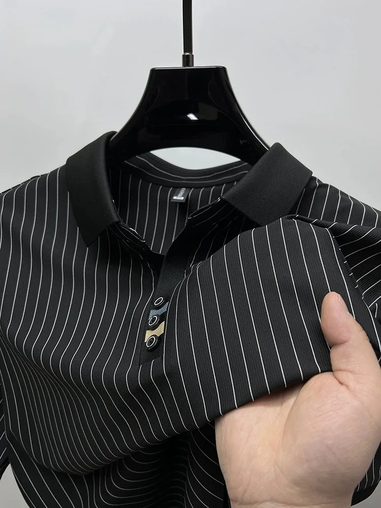 High end ice silk vertical stripe short sleeve POLO shirt men summer fashion business leisure T-shirt comfortable cool top 250526