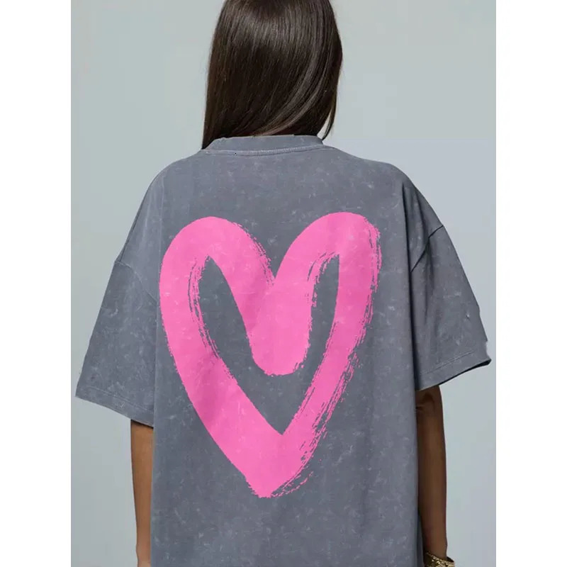 Summer Fashion American Distressed Pure Cotton TShirt Love Printing Pullover Casual Loose Oneck Short Sleeve Tops 250517