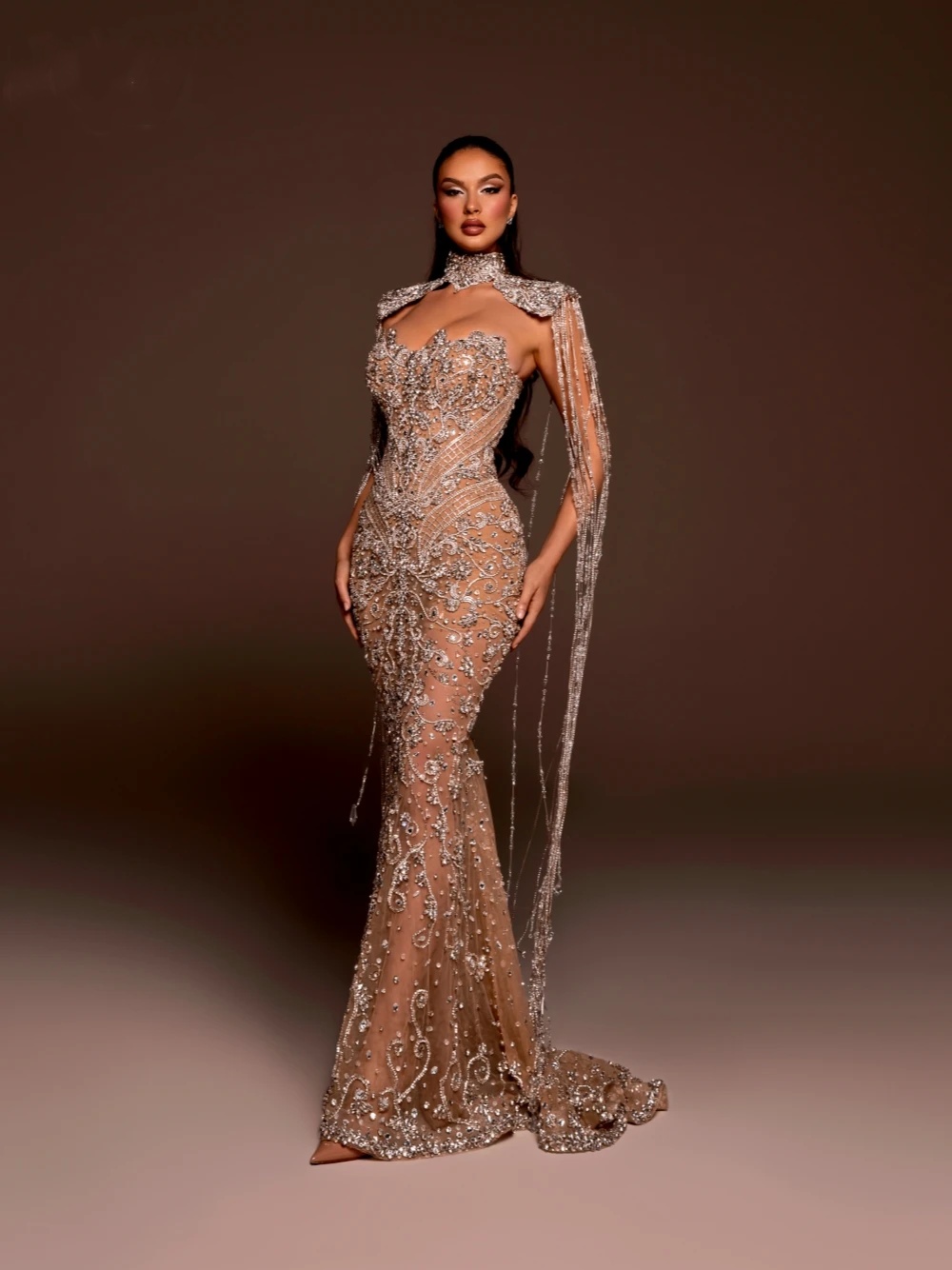 Luxury See Through Crystal Wedding Dresses Tassel Beading Strapless Bridal Gowns with Cape Rhinestone Customized Bride Dress Vestidos De Novia