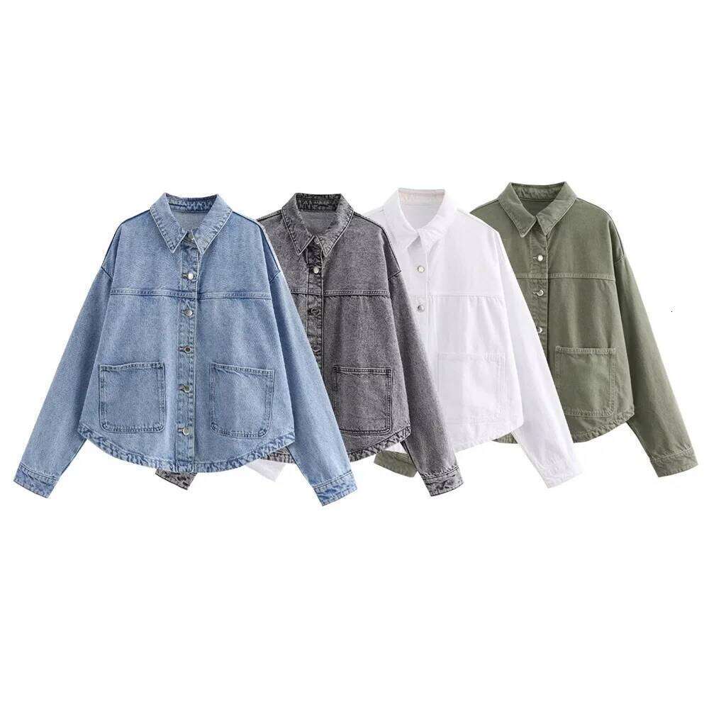 UNIZERA Summer New Women's Loose Casual Polo Collar Long Sleeve Patch Bag Decoration denim jacket