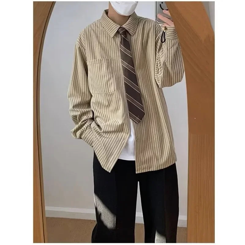 Loose Long Sleeve Striped Shirt Men Women Spring Autumn Casual Style Vintage Japanese Theme College Hong Kong Style Outerwear 250527