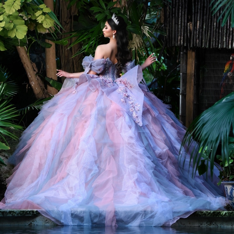 Pink Lavender Quinceanera Dresses Off Shoulder Ball Gown Sweet 16 Dress Beading Crytal Applique Flower Tull Birthday Party Vestidos 15 Anos