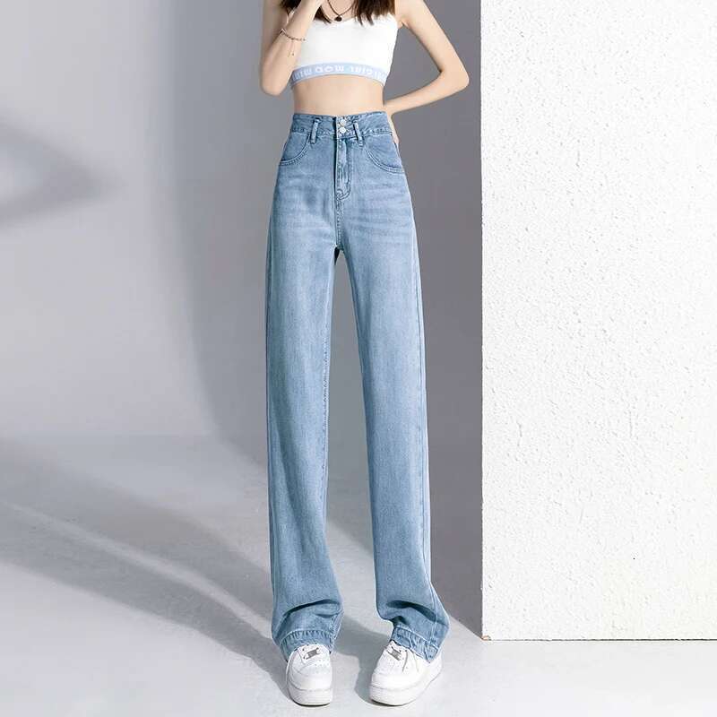 Summer Ultra-Thin Women's Jeans 100% Lyocell Cool Comfortable Baggy Straight Denim Pants Korean Street Fashion High Waisted
