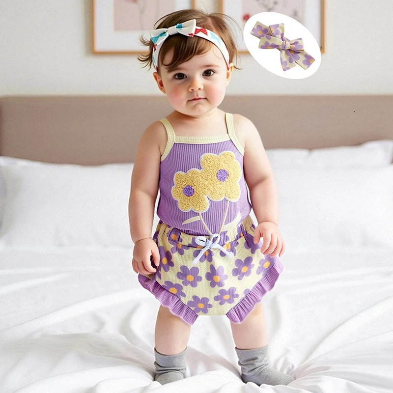 Toddler Girl Summer Outfit Floral Embroidered Sleeveless Bodysuit Elastic Waist Ruffle Shorts Headband 3 Piece Set for Baby 250528