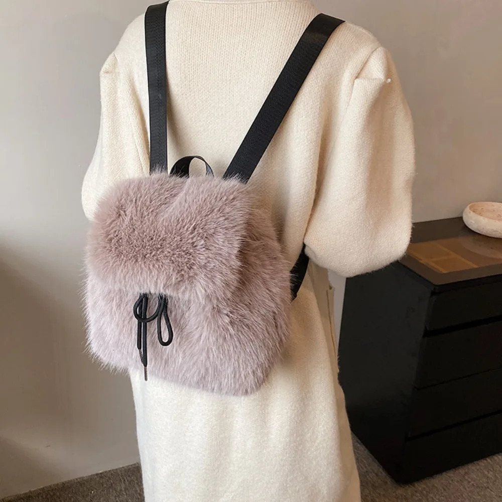 Fashion Solid Color Faux Fur Drawstring Bag Fluffy Knapsack Plush Backpack Large Capacity Soft Flap Bag Women 250527