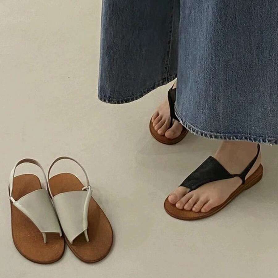 French Style Genuine Leather Simple Flat Roman Women Summer New Beach Casual Toe Post Sandals for Outdoor Wear