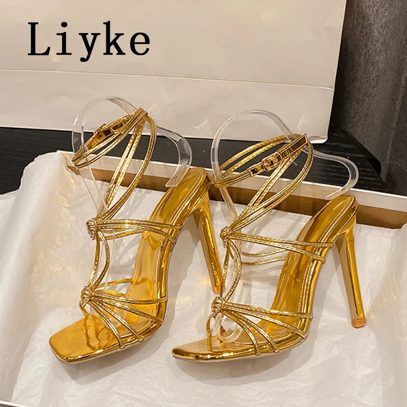 Liyke Summer Blue Denim Sandals Women Elegant Square Toe Party Wedding High Heels Crystal Buckle Narrow Band Female Dress Shoes 250526