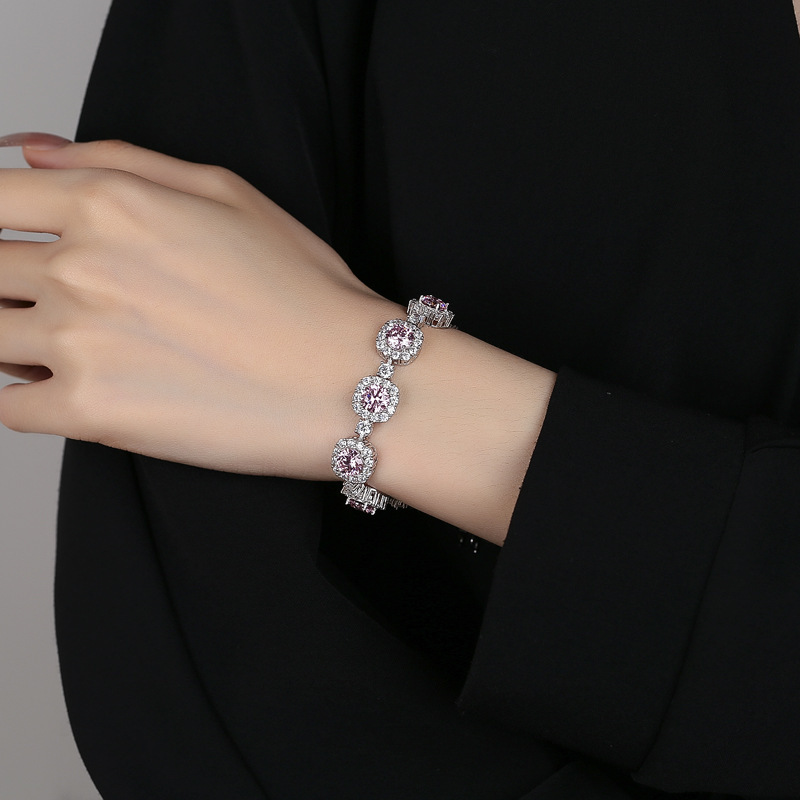 S925 sterling silver 3CT*7 high carbon pink diamond women's bracelet, luxurious inlay, exquisite and fashionable, princess-style bracelet, cross-