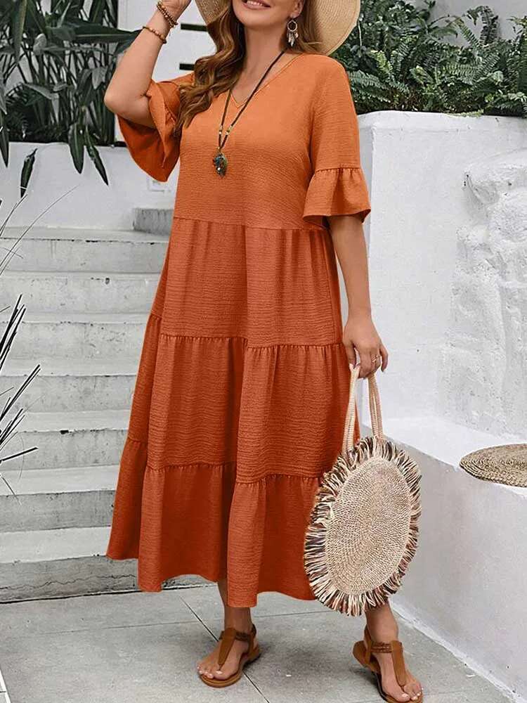 Summer Dresses for Plus Size Women Solid Color Bohemian Dress Maxi Elegant Fashion Fit and Flare Dresses Wholesale Dropshipping