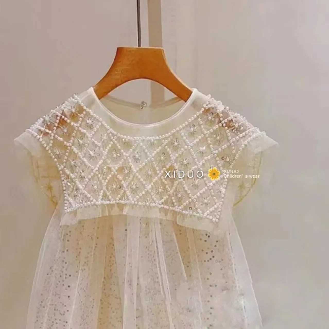 Girls Princess Dress 2023 Spring Summer Childrens Wear Korean Pearl Neck Princess Dress Fashion Yarn Dress X250528
