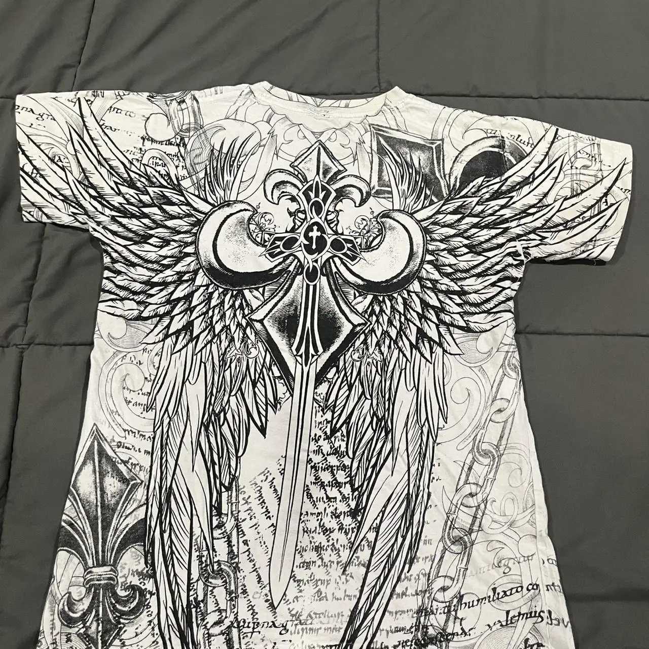 Mens White and Grey T-shirt Double-sided printed pattern hip-hop y2k loose trendy top for men X250528