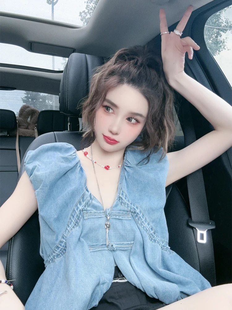 Summer Blouses Elegant Fashion All Match n Solid Color Denim Shirts Sleeveless Vintage Patchwork Womens Clothing 250523