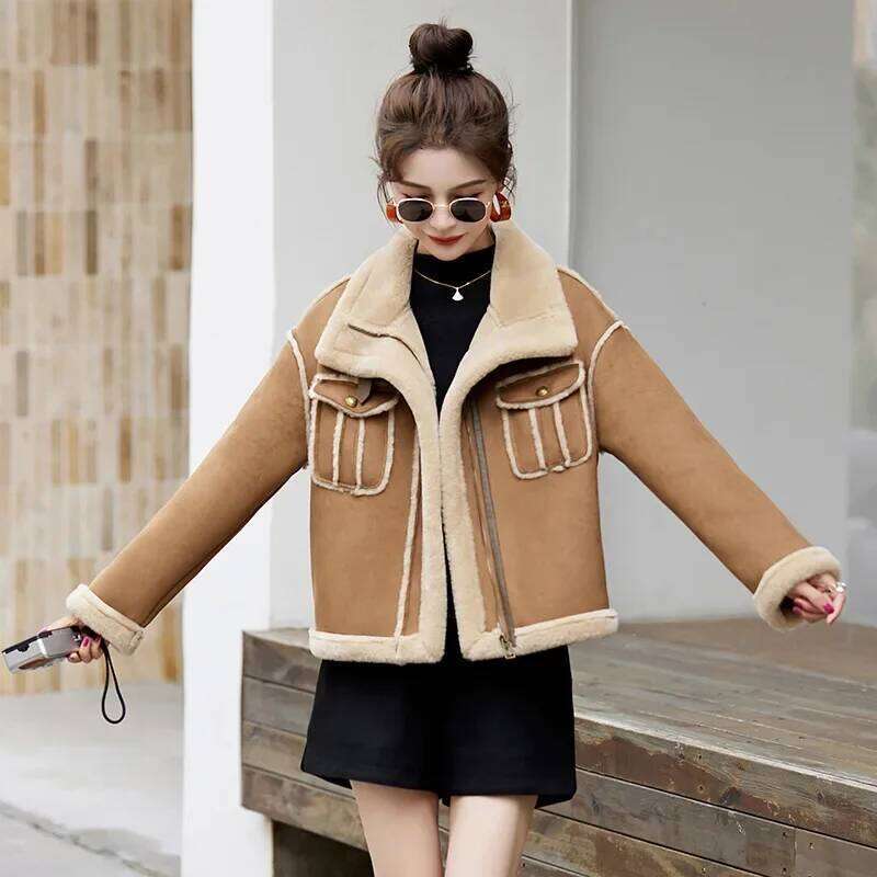 Women's Winter Thickened Lamb Jacket Deer Skin Veet Biker Style Coat Integrated Leather And Fur Short Outerwear