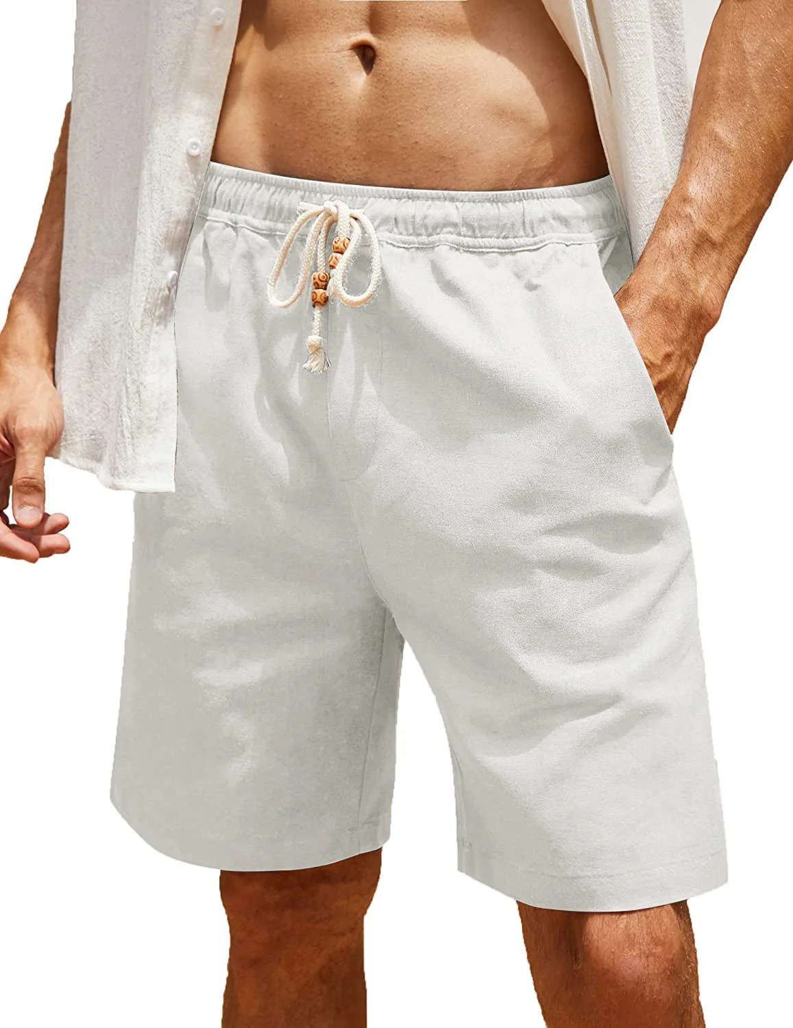 Mens loose shorts summer mens shorts cotton linen lace up oversized pocket casual shorts 250520