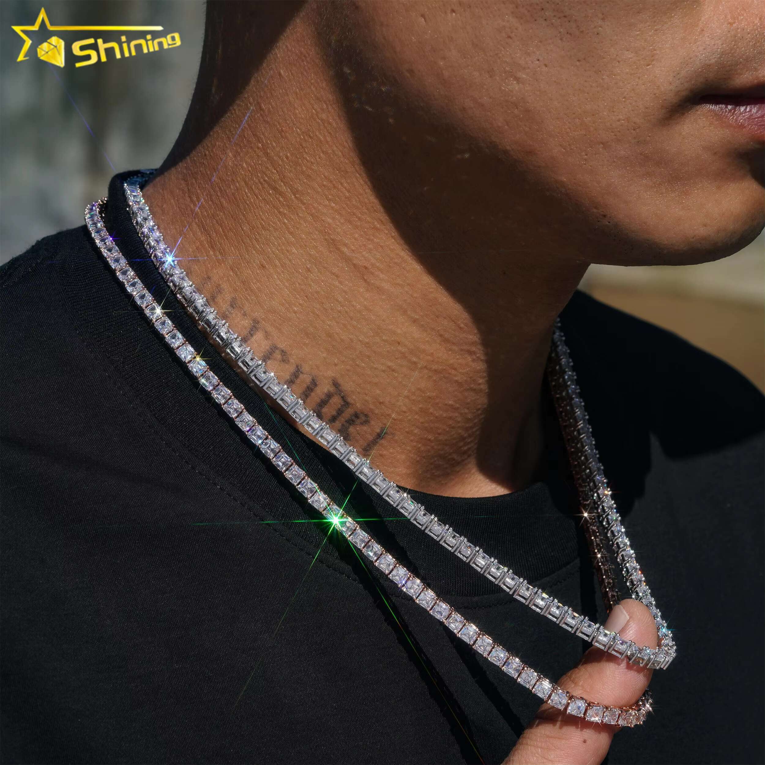 Luxury Bling 925 Sterling Silver Hip Hop Necklace 4mm Asscher Cut Diamond Tennis Chain Moissanite Tennis Necklace