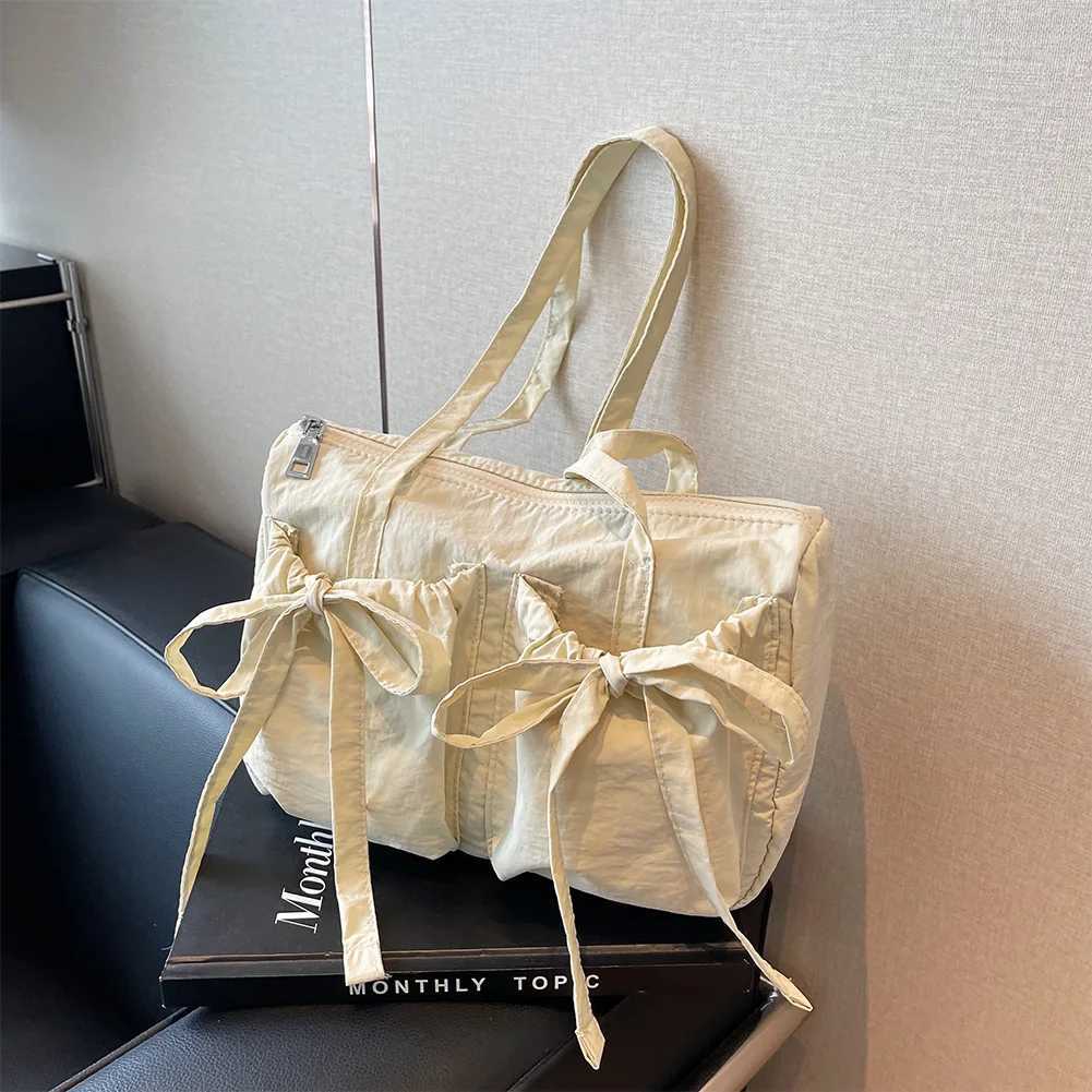 Women Plain Drawstring with Bow Canvas Cute Shoulder Bag Zipper Large Tote Handbag Large Capacity Solid Underarm Bag Y250528