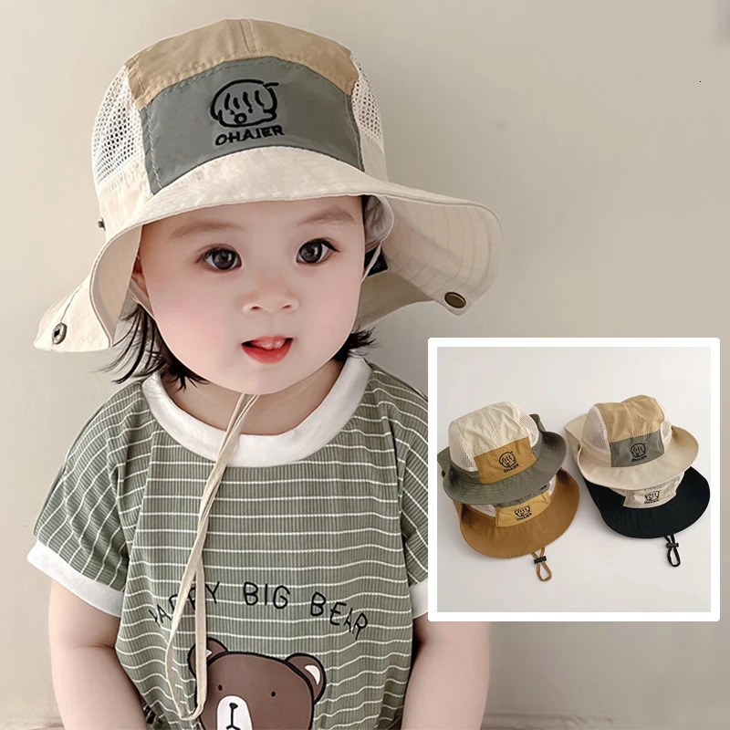 Quick Drying Mesh Thin Bucket Hats For Kids Outdoor Mountaineering Boys Girls Drawstring Basin Cap Summer Children Fisherman Hat 250528