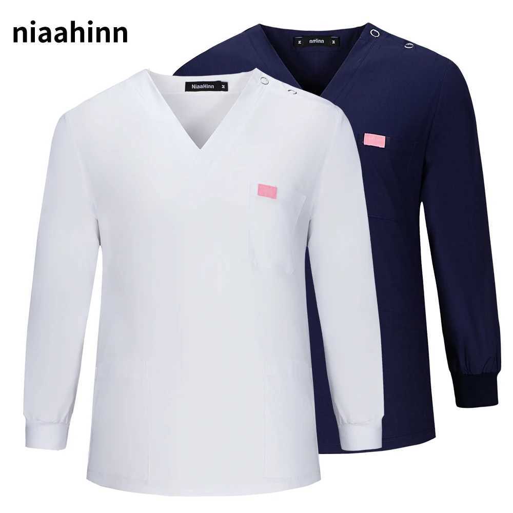Unisex Scrub Tops V-neck Surgical Uniform Long Slved Surgery Clothes Overalls Pet Grooming Nursing Uniform Dentistry Work Coat X2505281