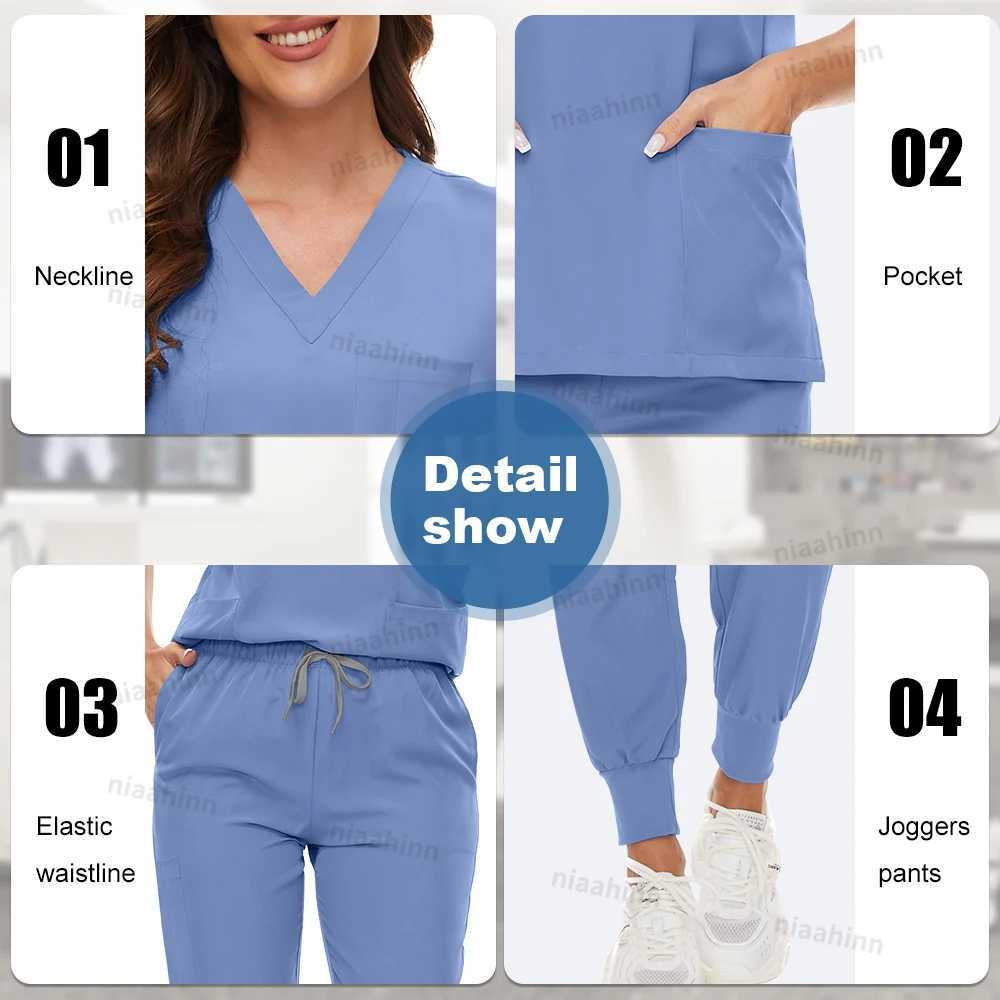 Nurse Scrubs Hospital Uniform Women V-neck Short Slved Tops Jogger Scrub Multicolor Beauty Sn Nursing Work Clothes Lab Coat X2505281