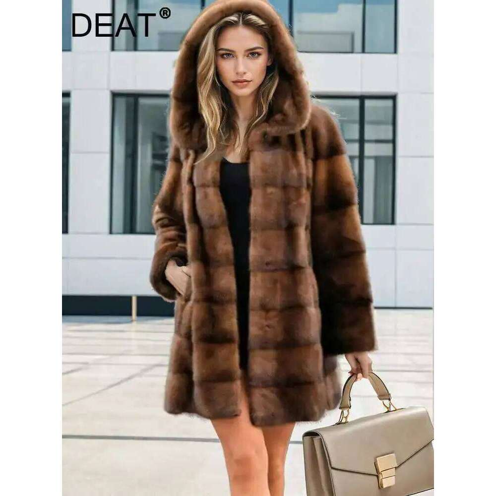 DEAT Fashion Women's Faux Coat Hooded Covered Button Loose Thick Warm Imitation Mink Fur Jacket Winter 2024 New Tide 7AB5406