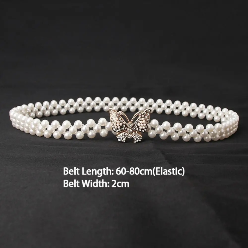 Exquisite Butterfly Buckle Waistband Elastic Pearls and Rhinestones Waist Strap Casual Waist Belts Clothing Decoration 250523