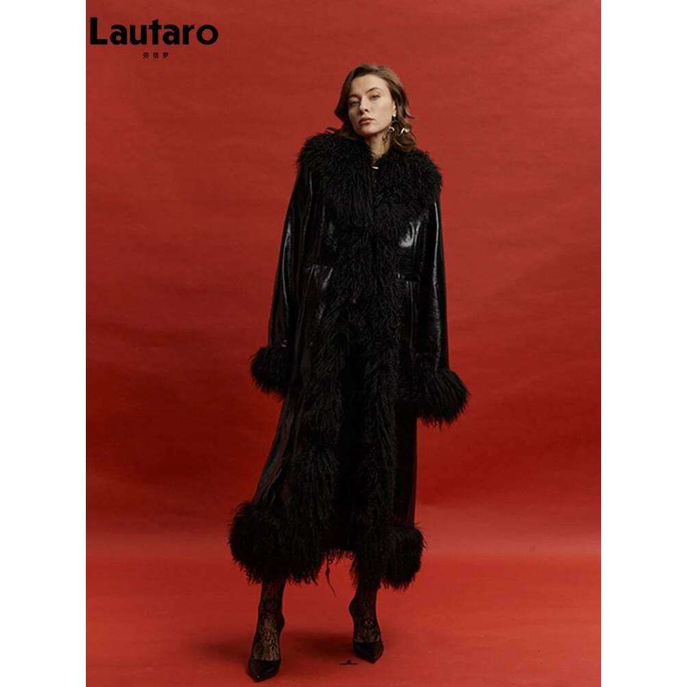 Lautaro Spring Autumn Long Black Shiny Patent Pu Leather Coat Women with Faux Fur Trim Designer Clothing European Fashion